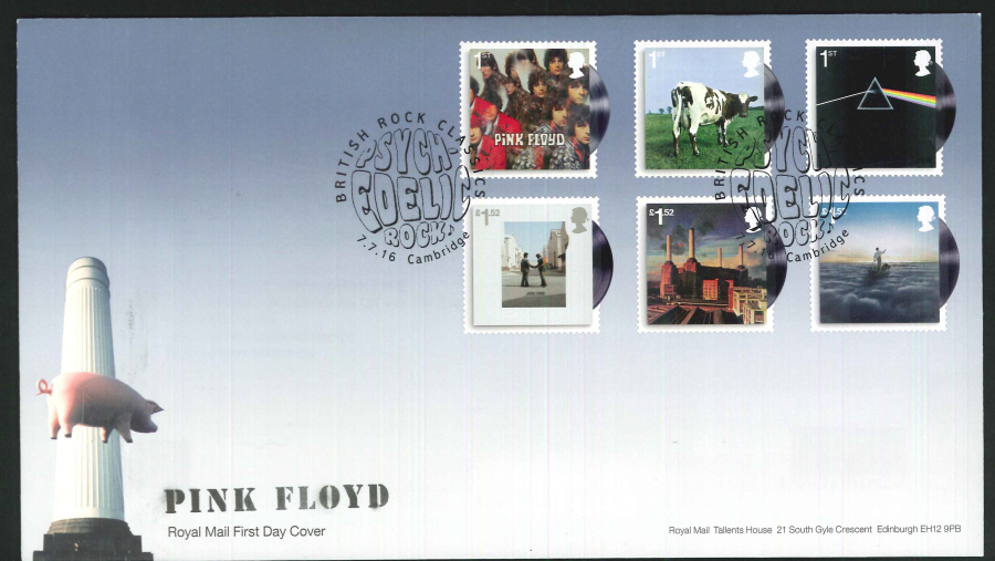 2016 - Pink Floyd, First Day Cover, Psychedelic Rock, Cambridge Postmark